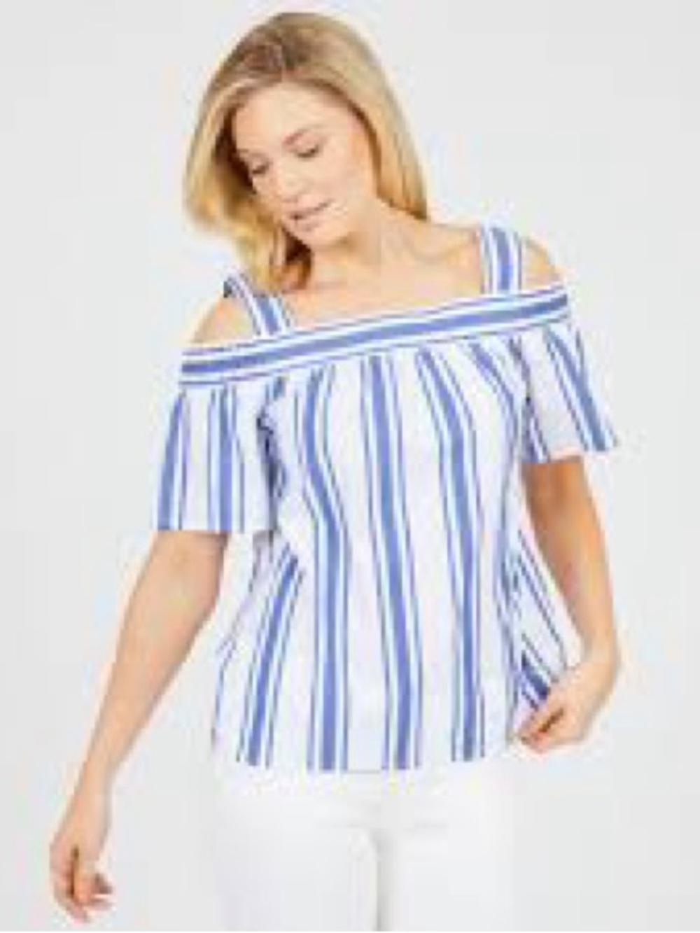 🌖 🆕 Nautica Blue and White Striped Off-Shoulder Top